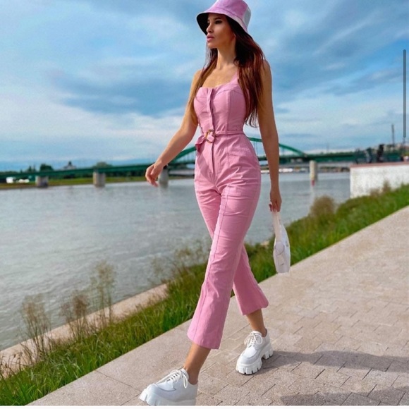 NWT ZARA Fitted Jumpsuit With Belt Pink XS - Picture 9 of 10